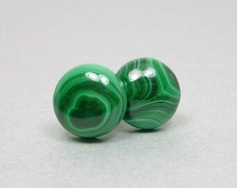 MALACHITE 8mm Round Cabochon Nickel Free Titanium Post Green Banded Gemstone Earrings