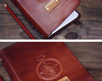 SALE 50% Personalized Leather journal, Notebook, Travel Diary, Journal, Sketchbook, Brown stain, Compass, name initials