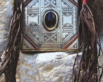 RESERVED RESERVED Tuareg Tscherot Amulet Necklace with Onyx and Leather Cords, A large piece!