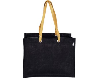 MIWOK Extra Large and Wide Black Jute / Hessian eco friendly Reusable Shopping Grocery Tote Bag