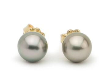 Warm Silver 9.9mm Tahitian pearl stud earrings
