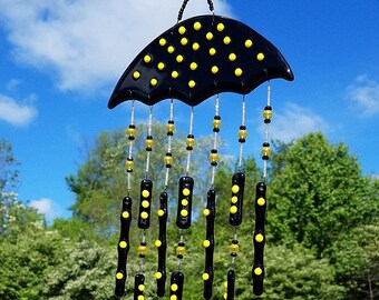 Fused Glass Wind Chimes | Beaded Glass Chime Umbrella Wall Hanging Decor | One of A Kind Birthday Gift for Wife Mom Housewarming Gift
