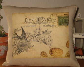 Postcard Bird and Nest Pillow Cover, Cottage Style Bird Postcard Throw Pillow with Insert