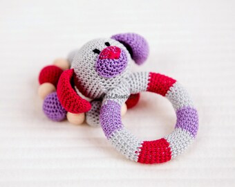 Baby rattle SET of 2 Crochet Baby toy Grasping Teething Toys Dog Teether Stuffed toys Gift for baby Girls Boys