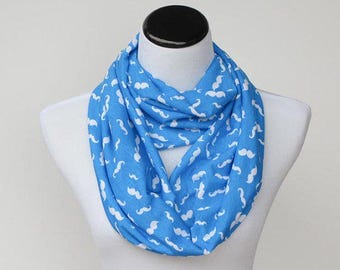 Mustache scarf blue white scarf mustache infinity scarf circle scarf soft funny loop scarf gift idea for her - gift for mom gift for girl