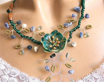 Turquoise porcelain lotus flower necklace