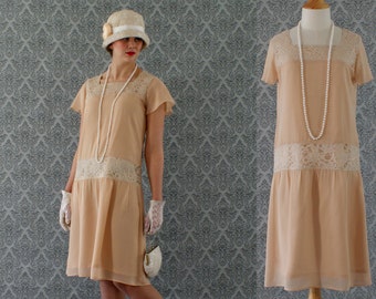 Dark beige high tea flapper dress with flutter sleeves, Downton Abbey dress, 1920s flapper dress, Great Gatsby dress, robe Charleston