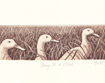 Going for a stroll, original etching, printed in sepia