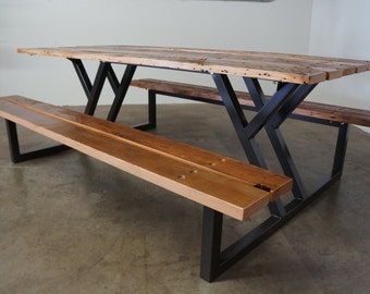 Custom Reclaimed Wood Rustic Modern Industrial Indoor / Outdoor Picnic Dining Table