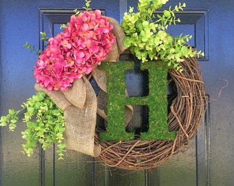 Moss monogram weath for spring and summer. spring wreath, summer wreath, door wreath, wreath for door