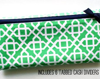 Budget organizer wallet with 6 tabbed dividers | green & white laminated cotton with navy zipper