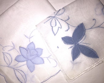 2 Vintage white Hankies with Blue Flowers