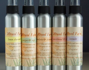 Organic body & linen spray, natural perfume - blends of essential oils and absolutes (4 ounces)