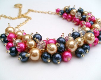 Hot Pink Gold Navy Blue Beaded Necklace, Pink Bridesmaid Jewelry, Cluster Necklace, Chunky Necklace, Bridesmaid Gift, Bridesmaid Necklace