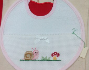 2 cross stitch embroidered Bib with snail
