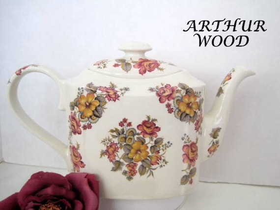 Arthur Wood Teapot, Burgundy Bouquet, Made in England, Collectible Tea