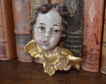 Antique German Carved Painted Gilded Wood Cherub Angel Head with Wings