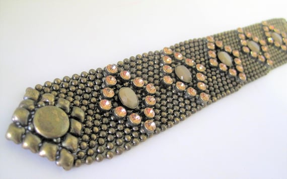 Bronze Rhinestone Bracelet, Boho Topaz Rhinestone, Metal Beads, Snap Clasp, 80's Bracelet, Boho Style