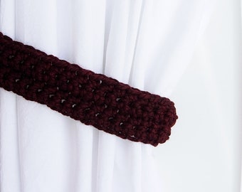 One Pair Dark Burgundy Red Curtain Tie Backs, Drapery Tiebacks, Thick Wool Blend Wine Red with Black, Holdbacks for Drapes, Crochet Knit