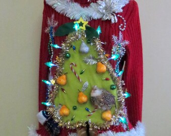 Made to order Hilarious Partridge in a "Pear" Tree Tacky Ugly Christmas Sweater Light UP Womens Garland, Pears
