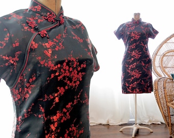 Vintage Chinese satin black red short sleeve cocktail Cheongsam wiggle dress oriental Asian sakura blossoms