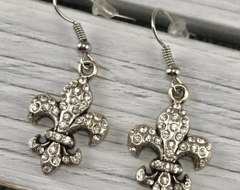 Silver Rhinestone Fleur De Lis Dangle Earring Biker Country Motorcycle Hand Made