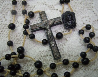 Vintage Black Plastic Crucifix...Signed Italy...Madonna and Sacred Heart Medal...59 Beads...Cotton Strung...Unique Crucifix