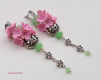 Pink Earrings, Floral Earrings, Pink Dangle Earrings, Girlfriend Gift, Pink Jewelry, Pink Green Earrings, Long Earrings, Women Jewelry Gift