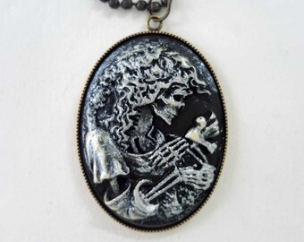 Skeleton Lady Cameo Necklace, Halloween Jewelry, Skeleton Necklace, Gold-tone Chain, Free Shipping