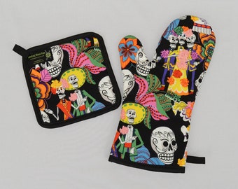 Bright and Colorful Day of the Dead Oven Mitt and Pot Holder, Sets or Singles