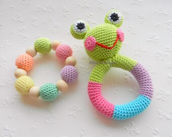 Baby rattle Frog Baby toy SET of 2 Grasping and Teething Toys Pastel colors Frog Stuffed toys Gift for baby Girls Boys