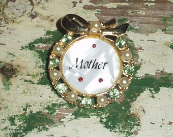 Vintage Mother gold tone green rhinestones faux pearls and faux Mother of pearl Brooch pin Gift