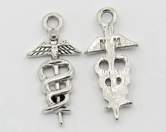 10 Antique Silver Metal Alloy Caduceus Symbol Charms 26 x 12mm (B192d)