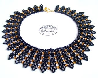 Victorian necklace, statement necklace, black necklace, lace necklace, seed bead jewelry, woven necklace, bib necklace, collar necklace, RBG