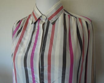 Vtg Candy Stripe Silky Polyester Blouse Small Medium Large 80's