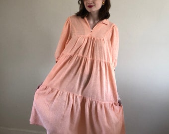 80s gauzy semi sheer puff sleeve dress / oversized woven maxi dress / cantaloupe cotton tiered dress | s m l