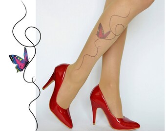 Butterfly Tattoo Tights,Handprinted Womens Pantyhose,Butterfly Printed Tights