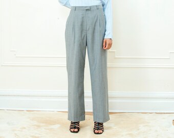 Vintage Gray Pants | 30" Waist Grey + Blue Striped Pants | High Waist Pleated Pale Gray + Blue Women's Trousers | M | Medium | 1980s | 80s