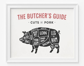 Pork Print, Pork Butcher Guide, Kitchen Art, Home Decor, Pork Wall Art, Butcher Wall Art, Large Wall Art, Fathers Day Gift