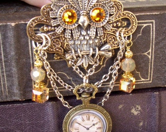 Steampunk Owl Brooch (P601) - Faux Brass Pocket Watch Pendant - Crystal Dangles and Silver Chain - Pin