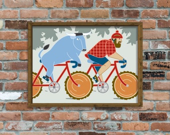 Paul Bunyan and Babe the Blue Ox Ride Bikes, 18x 24" poster