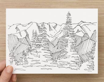 Ink Sketch of Olympic Mountain Range in Washington - Drawing, Art, Trees, National Park, Snow Covered, Landscape, 5x7, 8x10, Print