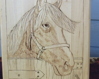 Horse in stall woodburning art, wood wall art, western horse artwork, western decor, ranch decor