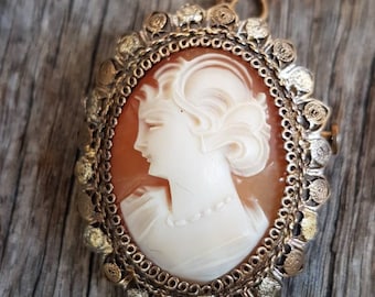 Beautiful Vintage Shell Cameo Brooch Pendant , Carved Shell Cameo , 800 Silver , Gifts For Her