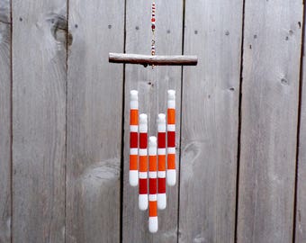 Red, Orange, and White Glass Wind Chime with Oregon Driftwood, Glass Chimes, Sunny Colors, Bright Colors