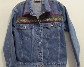 A Women's Vintage 90's,ORIENTAL Tapestry Trim Jean Jacket By BILL BLASS.M