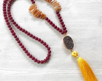 Beaded Druzy Necklace, Druzy Tassel Necklace, Long Beaded Necklace, Colorful Tassel Necklace