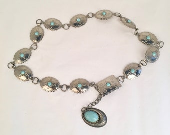 Southwestern Silver and Turquoise Concho Belt adjustable 70s to 80s vintage festival wear boho Chain Belt
