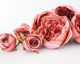 Set of 9 Small to Large Cabbage Roses in Antique Rustic Pink - Artificial Flowers - read listing description - ITEM 0983