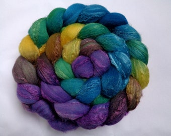 Merino silk roving, handpainted spinning fiber, wool roving, felting wool, roving, hand dyed roving, wool silk roving, teal, purple, 3.5oz